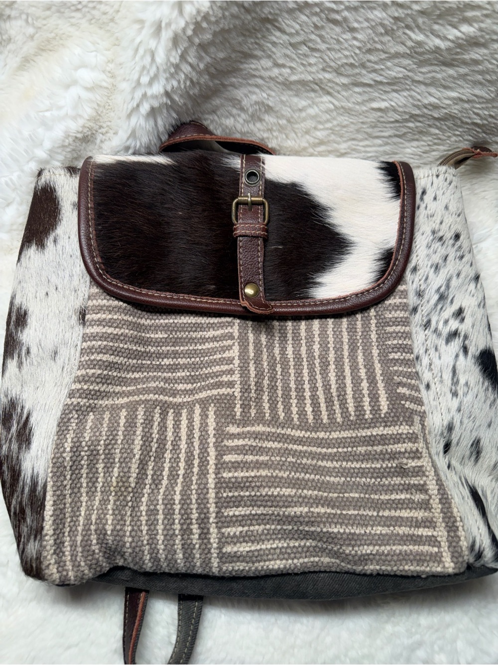 Myra Bag Cow Hide & Woven Canvas Backpack in Brown and Cream
